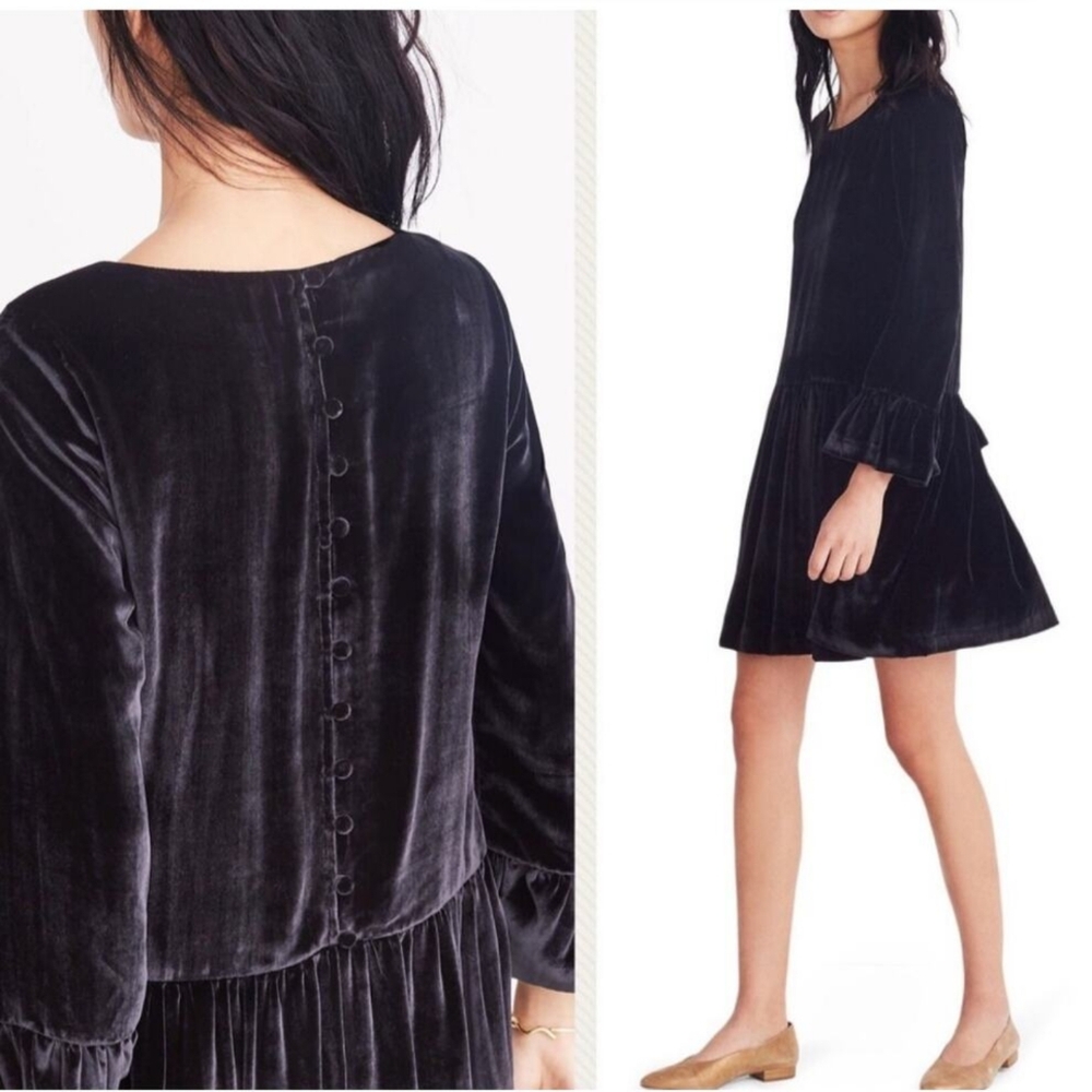 Madewell Black Button Back Velvet Mini Dress drop waist